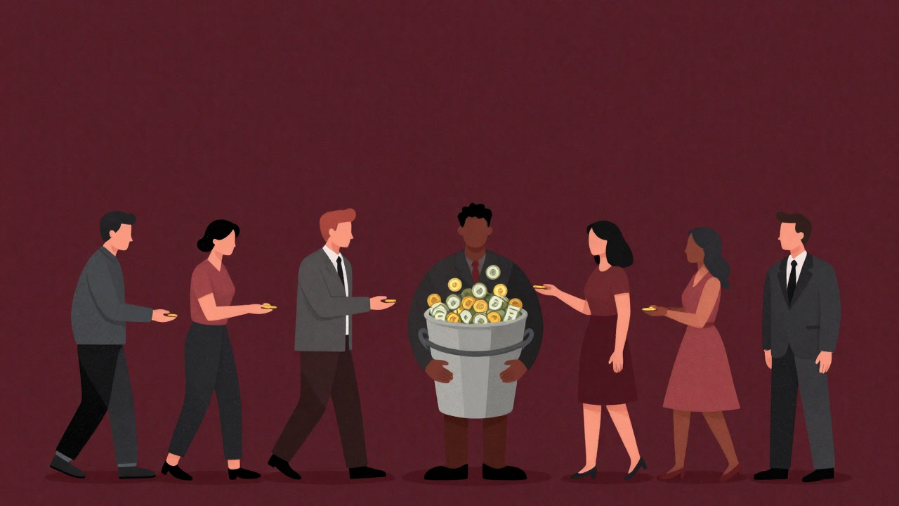 集まったコインで満杯のバケツを抱える人物のイラスト