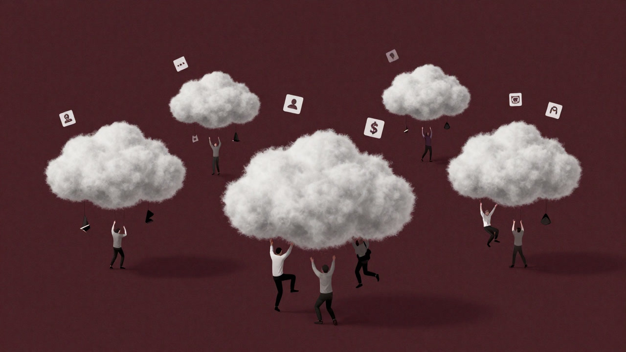 Illustration of countless tasks dancing against a cloud backdrop while people below scramble to capture them.
