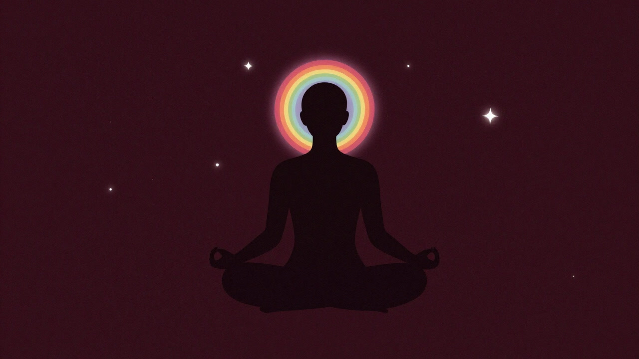 頭頂に輝く光輪から虹色のオーラが広がり、瞑想する人物のシルエット画像