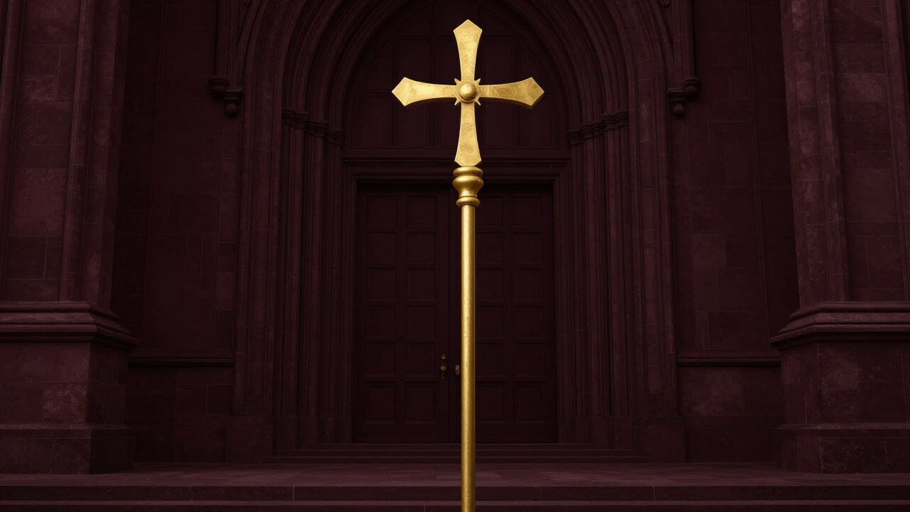 大聖堂の前で厳かに掲げられた金色に輝く司教杖の写真