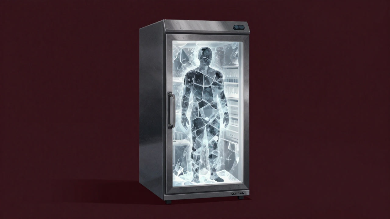 Illustration of a human silhouette encased in ice inside a metallic freezer