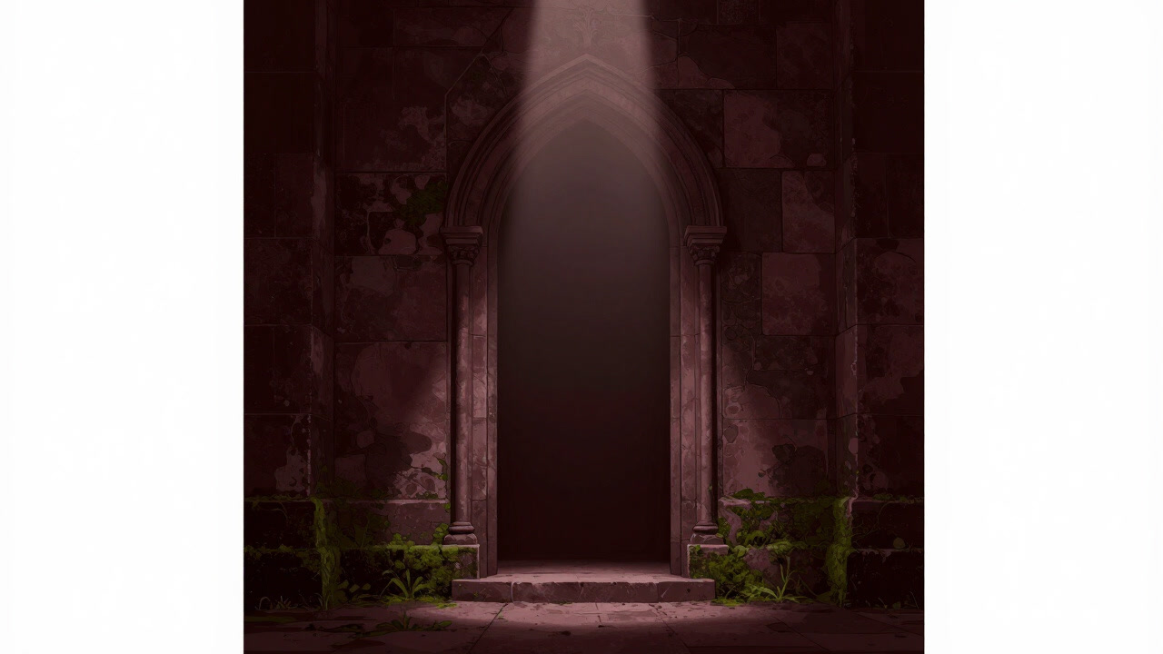 A solitary beam of light entering the entrance of an overgrown subterranean chapel wall