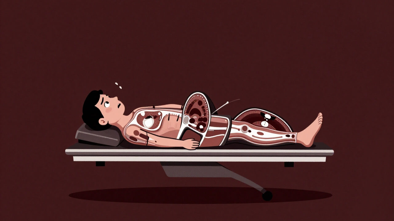 CTスキャンの断面図を前に、心臓が不安で跳ねる患者のイラスト