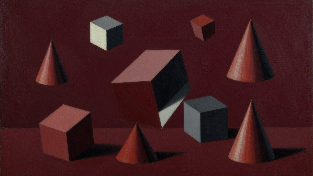 立方体や円錐に分解されたオブジェクトがキャンバス上で踊る様子を捉えた画像