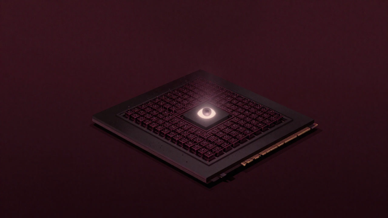 Illustration looking up in awe at a GPU with countless small computing cores emerging from darkness and shining brightly
