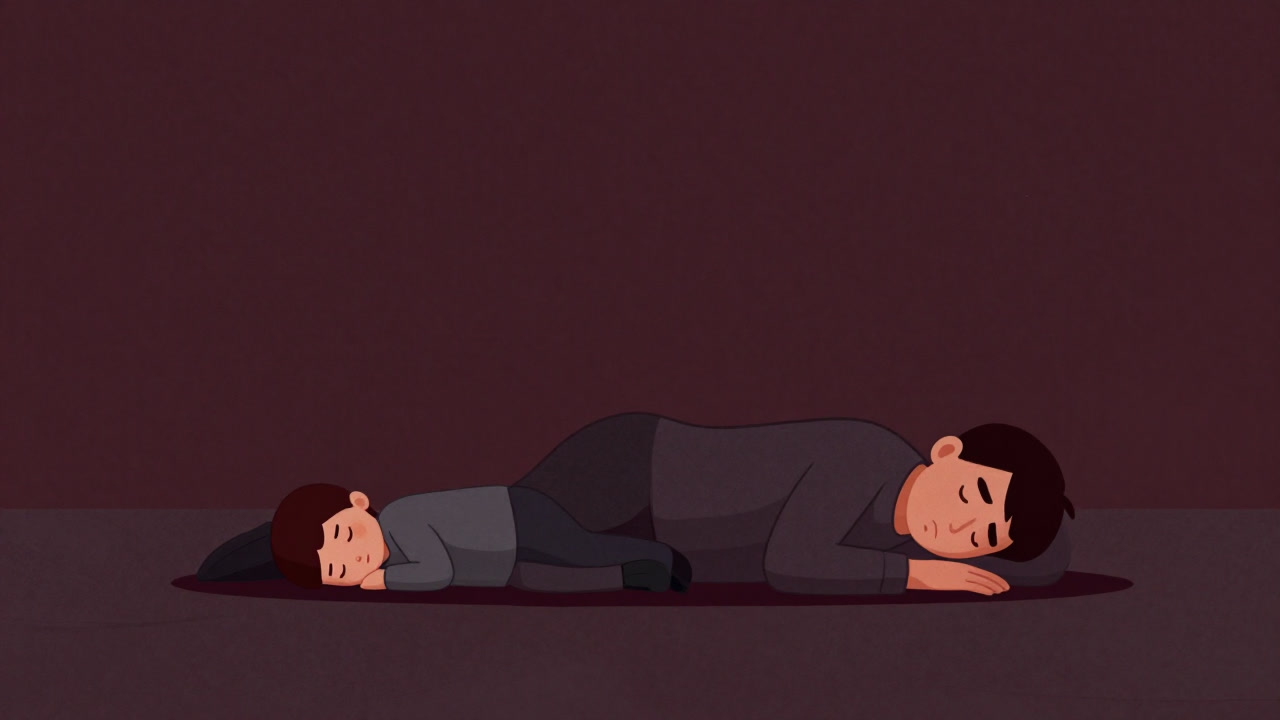 Illustration of a tiny person and a larger person sleeping side by side, the larger one rolling over crushingly