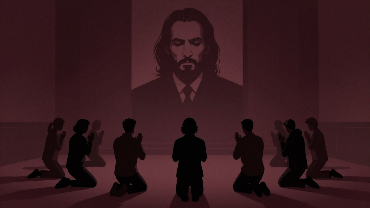 教祖の肖像画の前で一斉に祈る影絵のような集団の画像