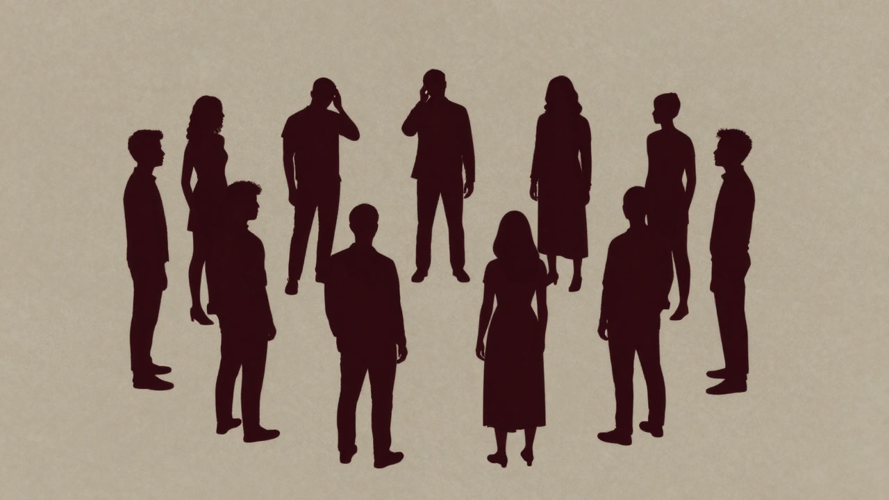 多様な文化背景を持つ人々が互いに首をかしげ合うシルエットの画像