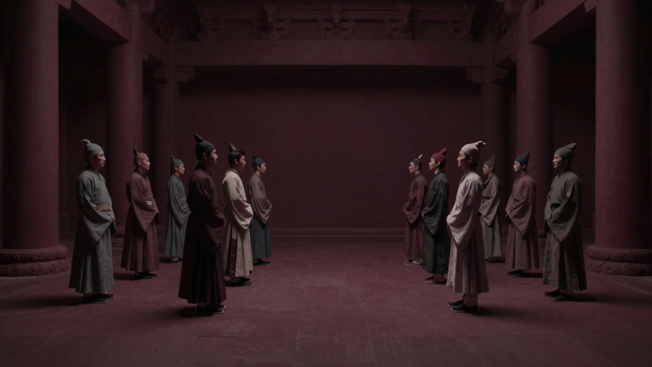 Photo of people standing oddly dressed in unfamiliar costumes in a dim hall resembling a temple for ritual purposes