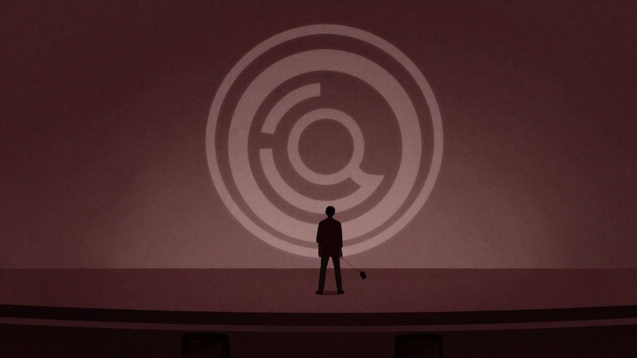 Photo of an artist performing on a stage with a half-obscured corporate logo