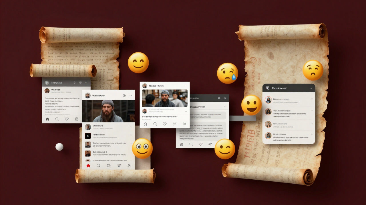 A chaotic landscape where symbols and words march from ancient manuscripts to social media timelines