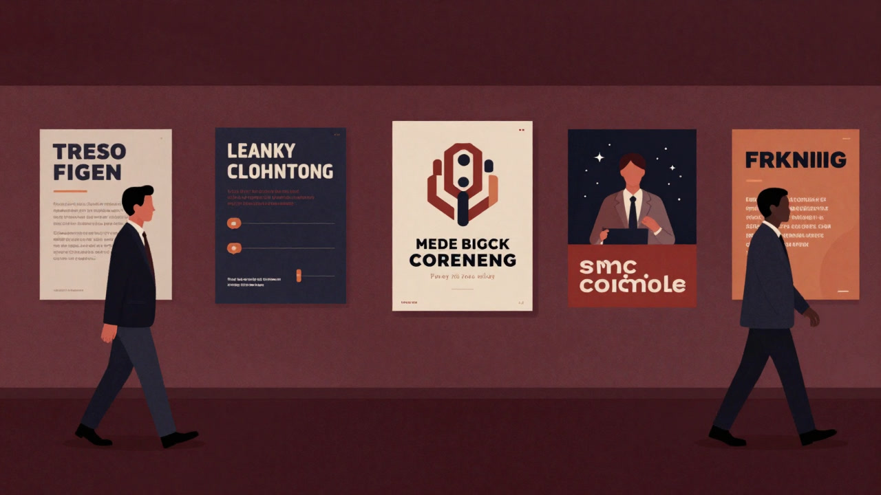 Employees smiling in front of a poster emblazoned with the CEO's slogan