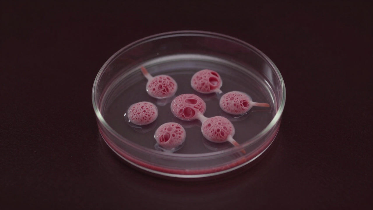 試験管に入ったピンク色の培養肉細胞が不気味に光るイメージ