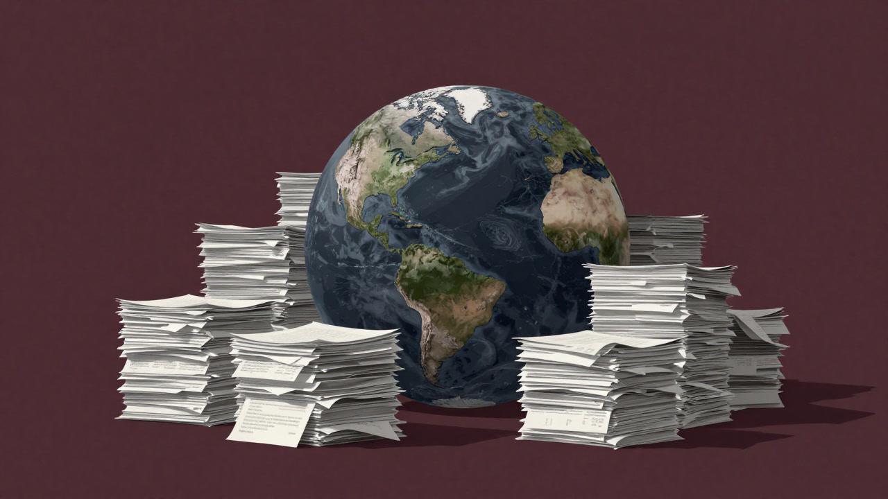 A globe buried under an endless pile of documents