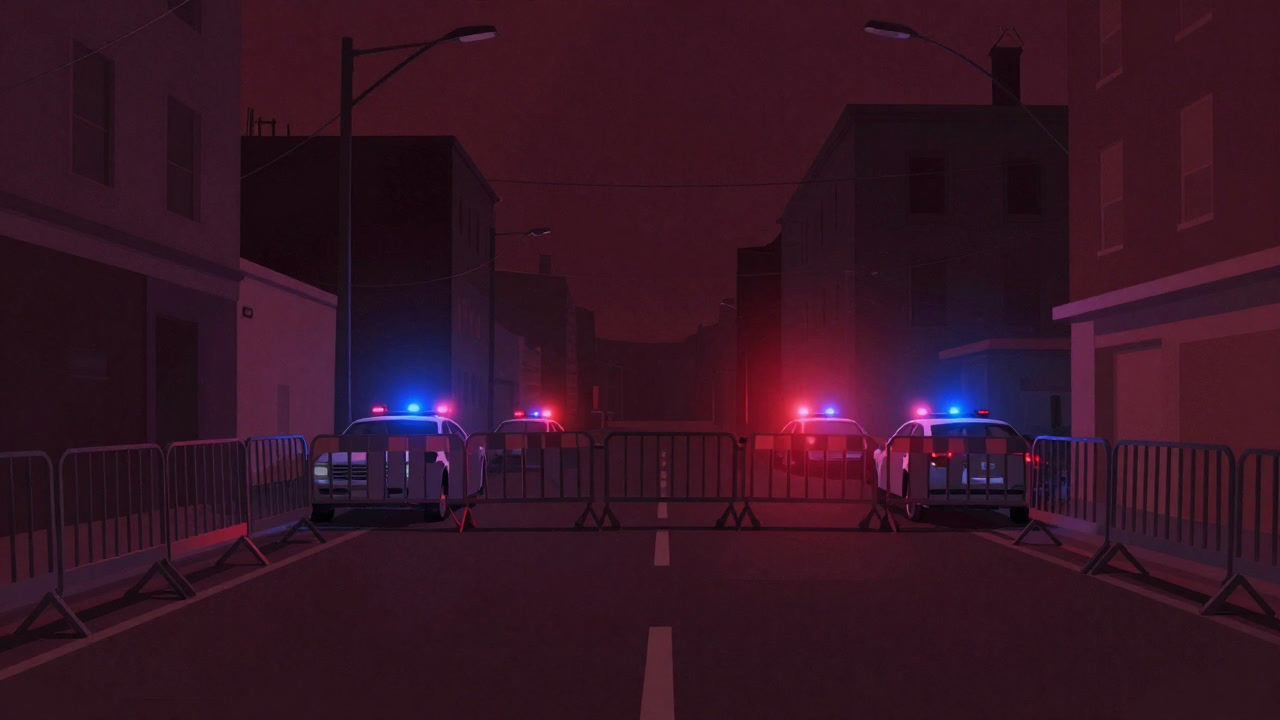 An empty street at night blocked by barricades, illuminated by red and blue police lights