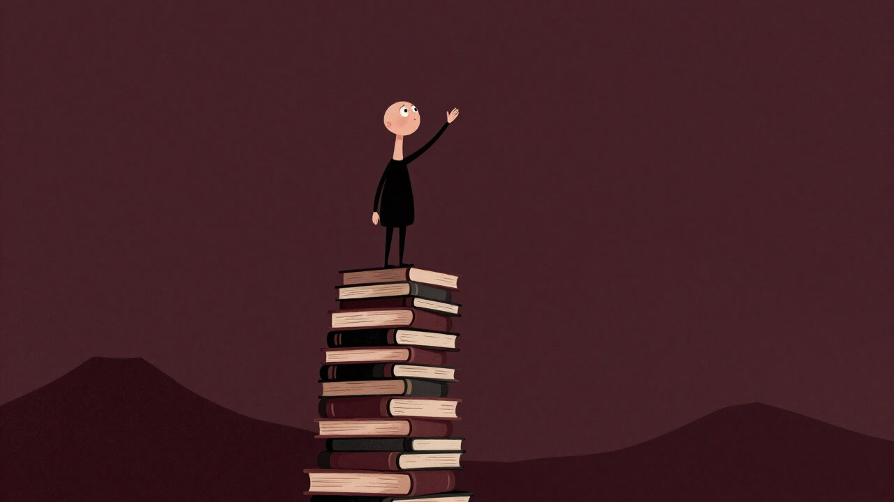 Illustration of a curious character stacked on a pile of books, stretching its neck to look far ahead.