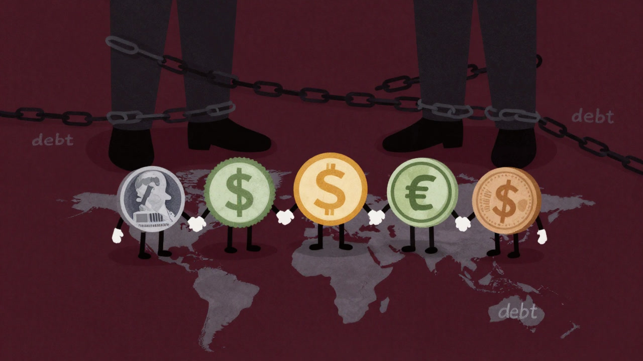 Illustration of currencies holding hands over a world map while chains of debt wrap around them in the background