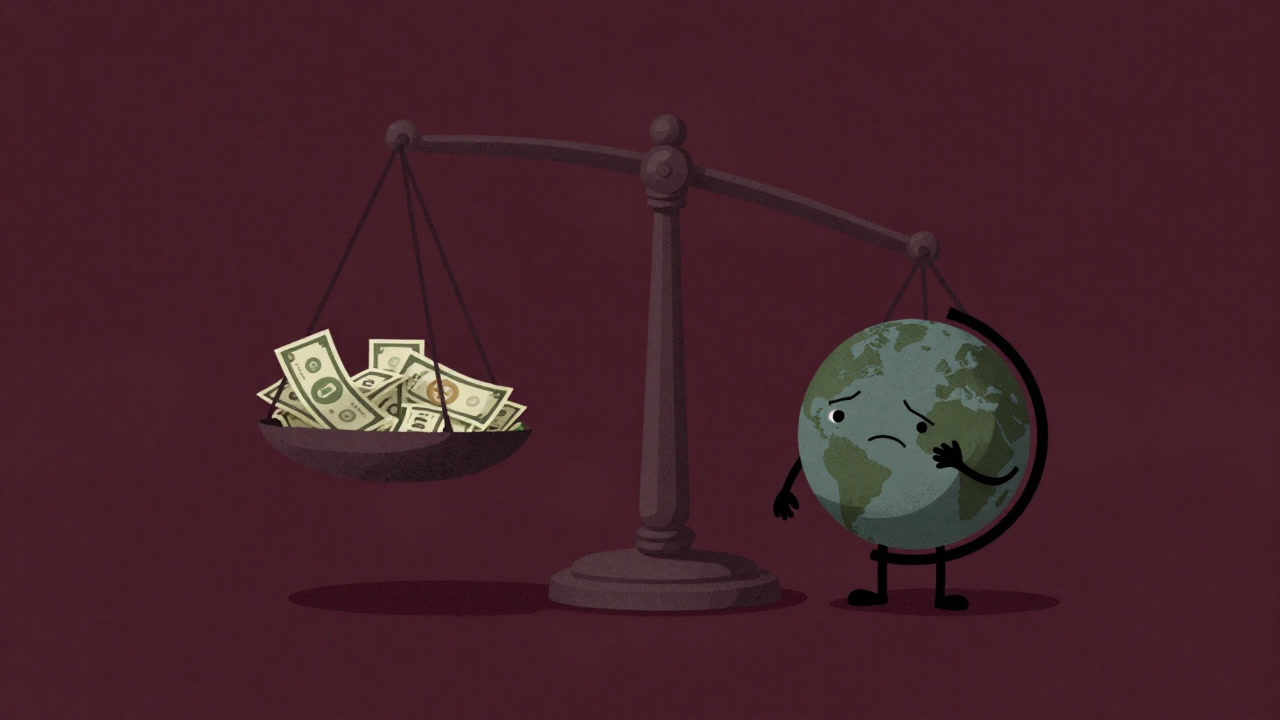 お金と商品を乗せた天秤が傾き、隣で困惑した顔をした地球儀のイラスト