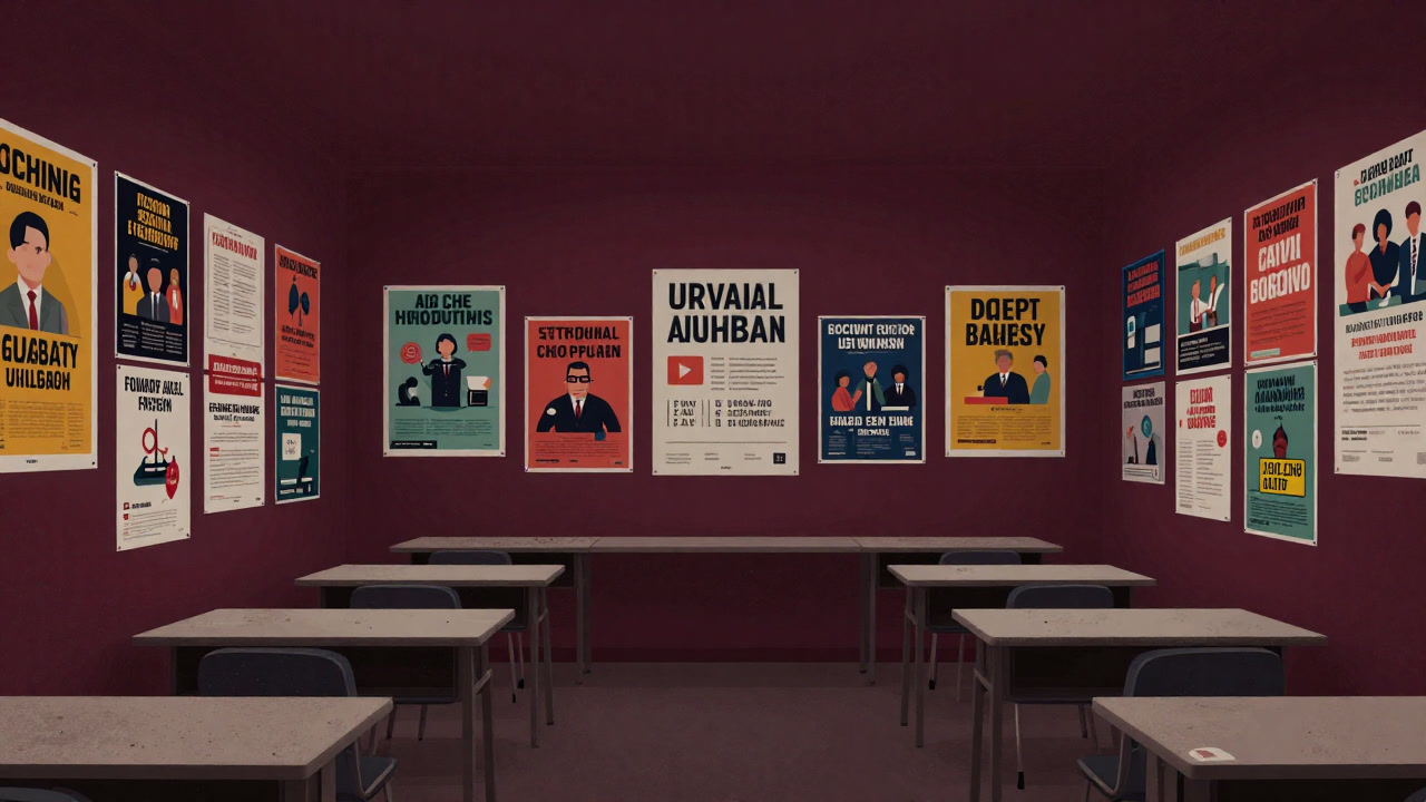 A meeting room wall plastered with colorful posters while student desks remain dusty and unused.