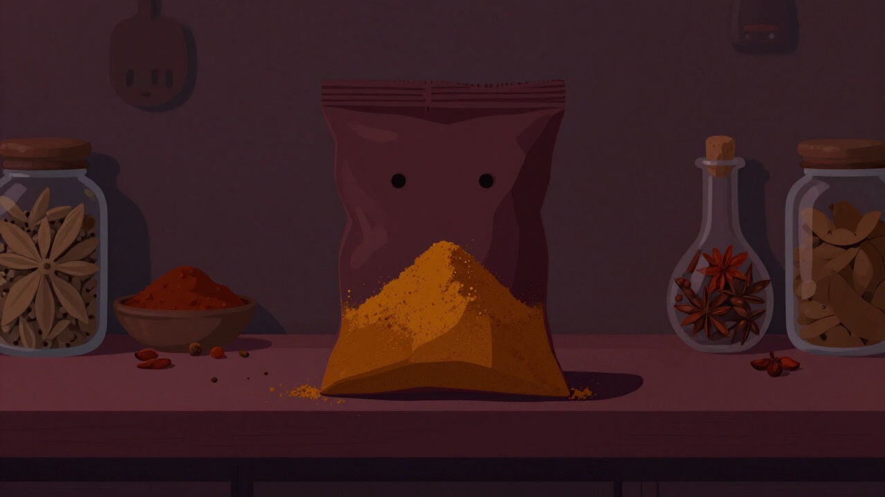 調味料棚の中でひっそりと佇み、本物の味を装う黄色い粉の袋。