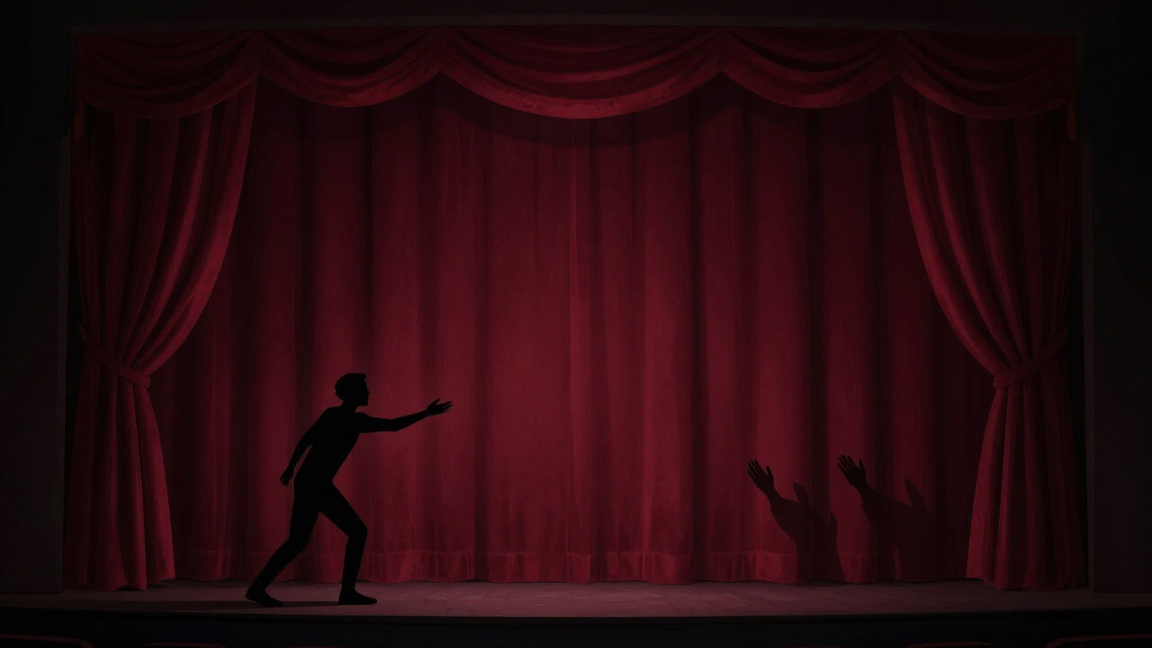 消えかけた幕の前で、薄暗いライトに照らされ何かを訴えるかのように手を伸ばす役者のシルエット