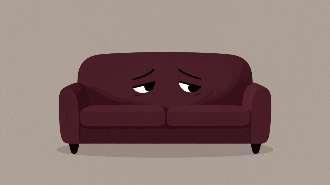 ソファの上でくぼんで涙目のクッションのイラスト