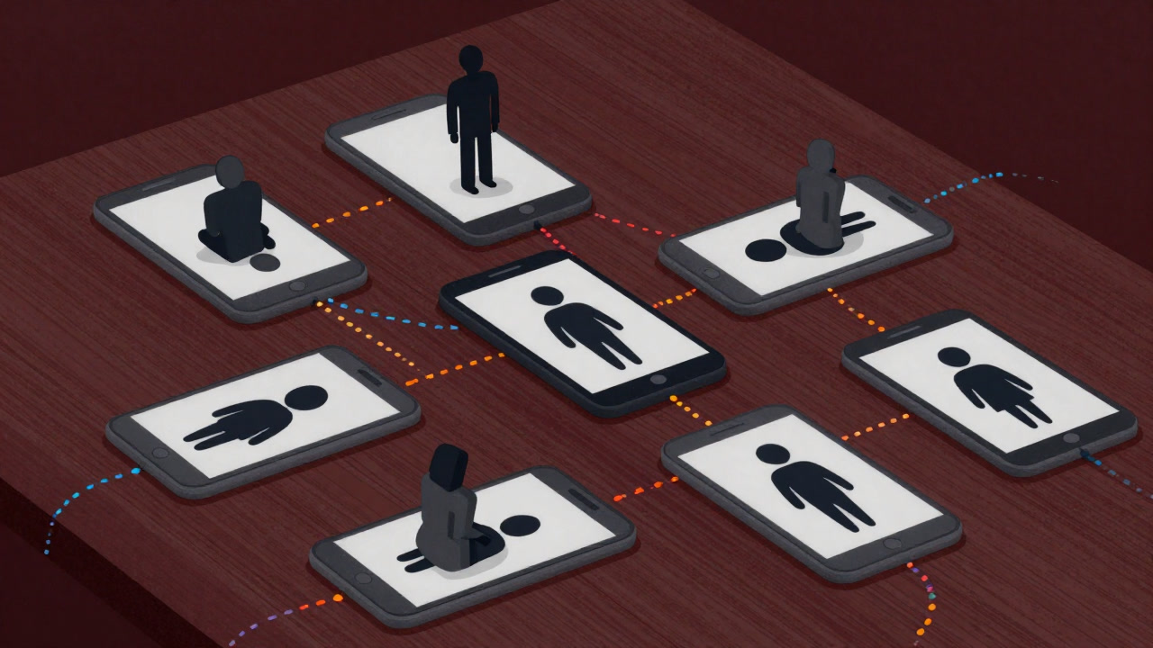 Illustration of multiple smartphone screens on a table, each connected by lines to silhouetted figures of different people
