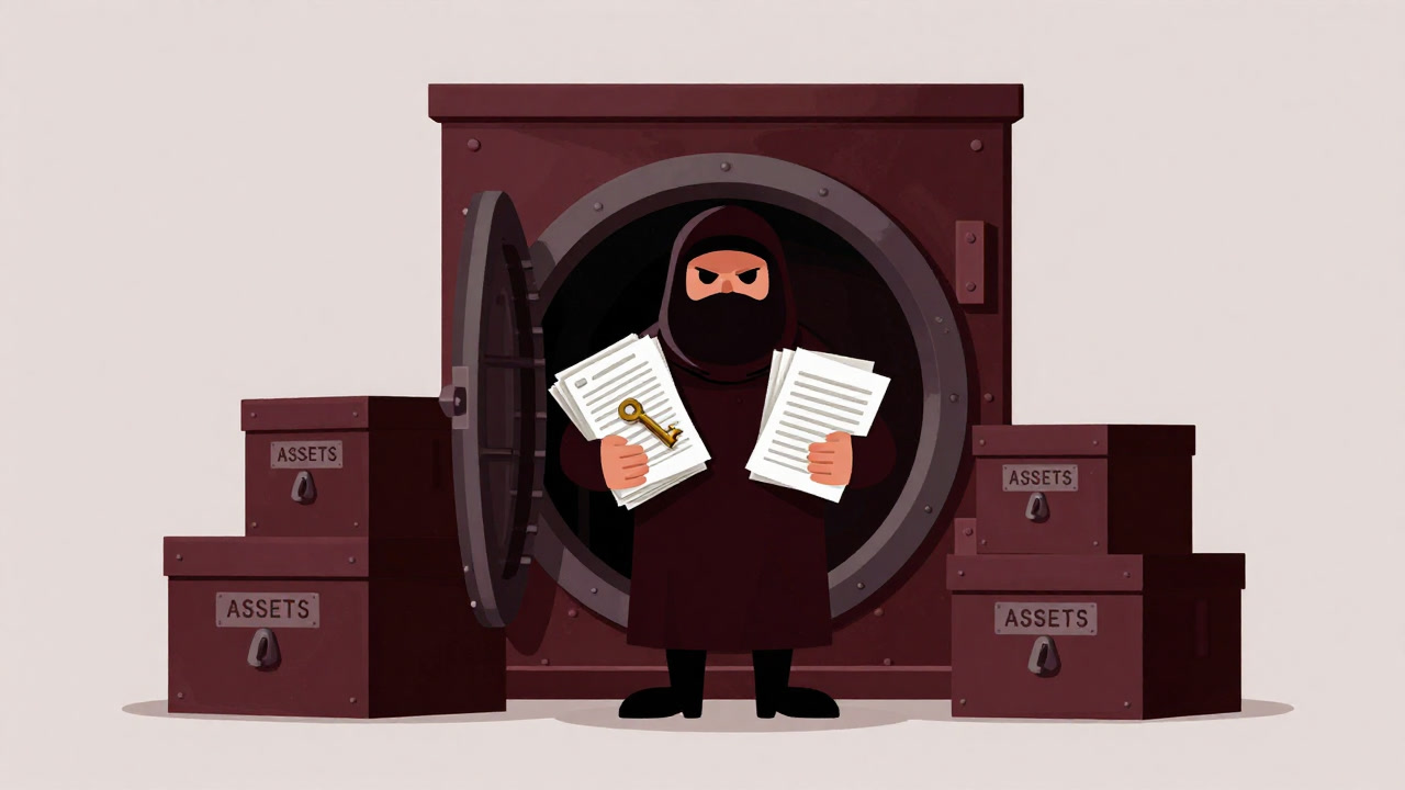 金庫の中で書類と鍵を抱え込み、得意げに君臨する守護者のようなカストディのイラスト