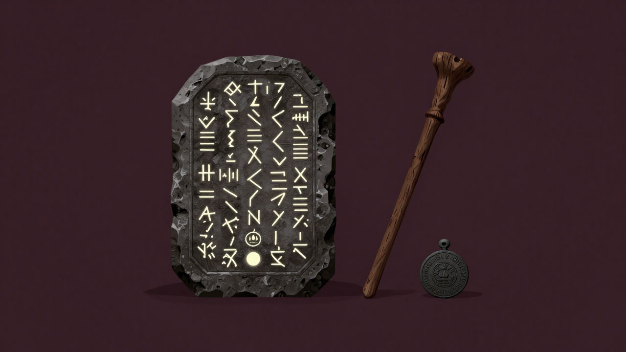 古びた杖と判子が置かれた石板に、不気味に刻まれた文字が輝く、慣習法を象徴するイラスト