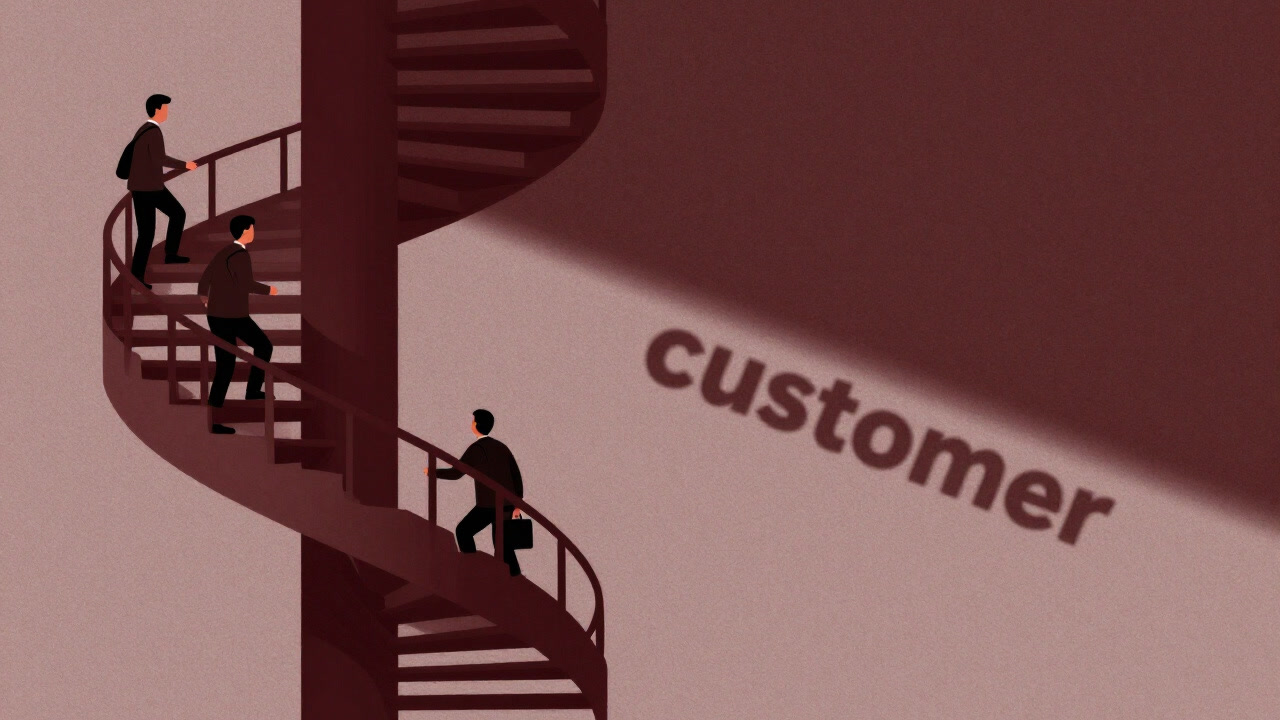 顧客の影を追いかける企業の従業員が無限の階段を上り続けるイラスト。