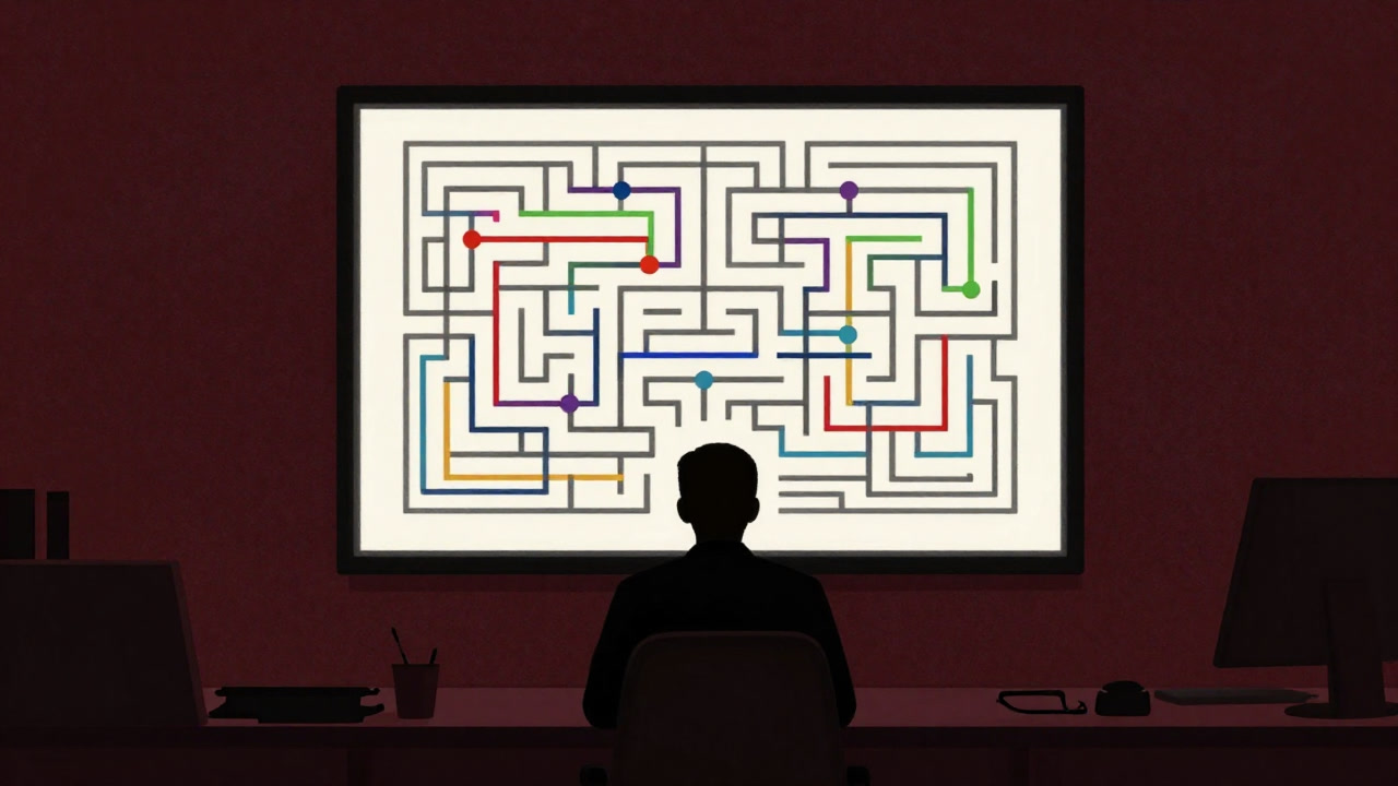 Silhouette of a marketer in front of a screen showing a complex maze of lines and points representing customer behaviors