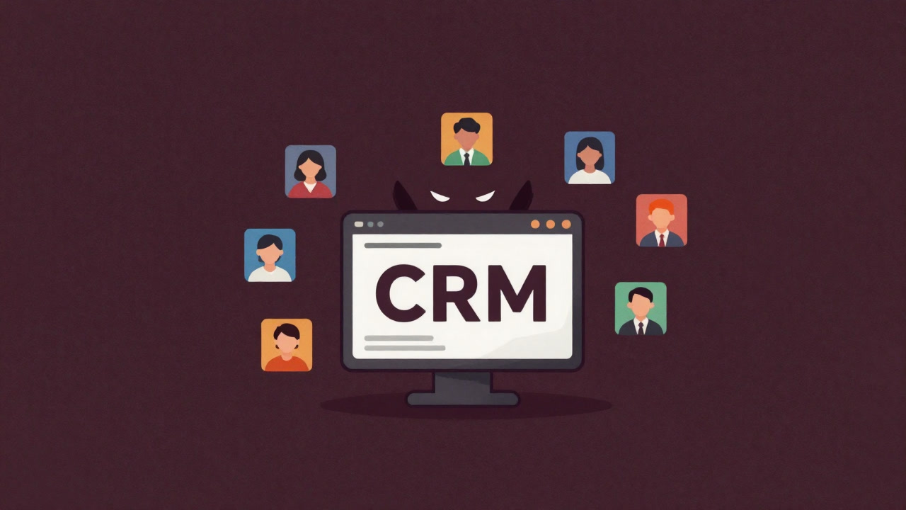 Illustration of countless colorful customer profiles floating around a central, grinning CRM system