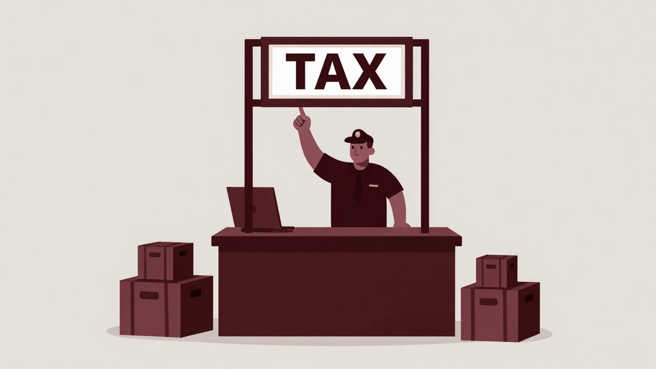 税関のブース越しに貿易品を眺めつつ、無表情で税率を指差す税関職員のイラスト