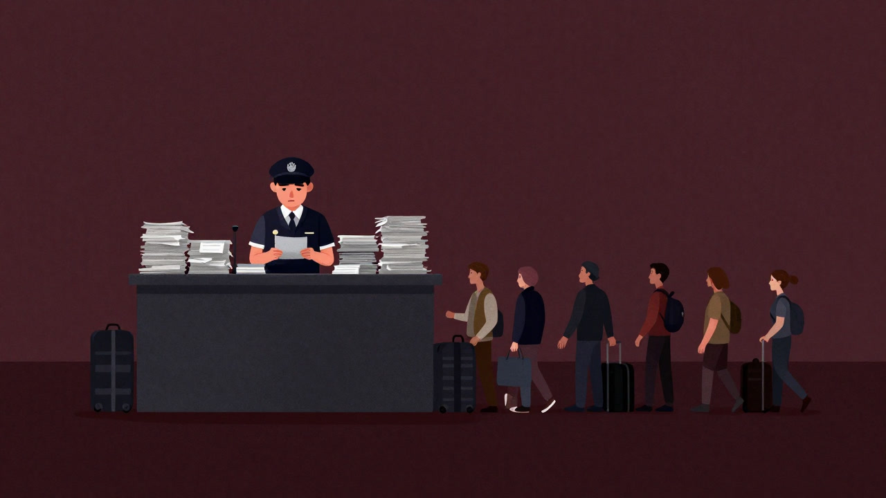 Silhouette of a customs officer standing behind stacks of paperwork and lining luggage.