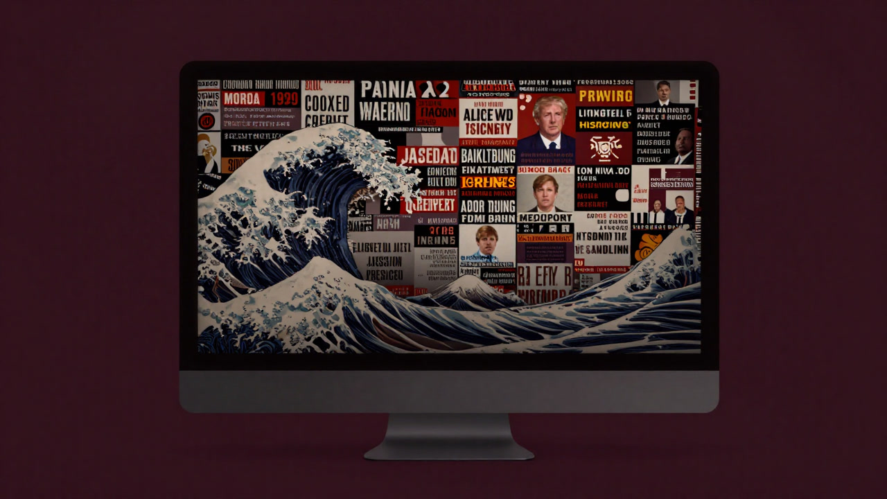 薄暗い画面に映し出された大量のプロパガンダメッセージが波のように押し寄せるイメージ