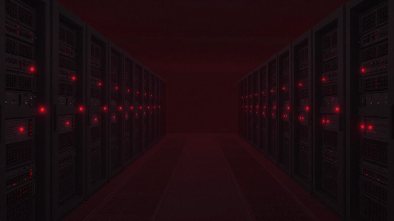 Image of a dark data center hallway with ominous red blinking server lights