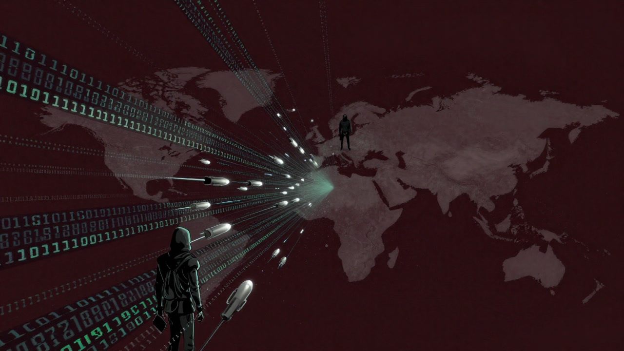 Illustration of bits flying like artillery over a dark world map