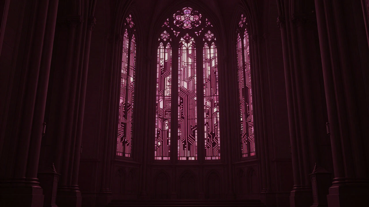 神々しい光に包まれた回路図がステンドグラスのように浮かび上がる未来的なイメージ