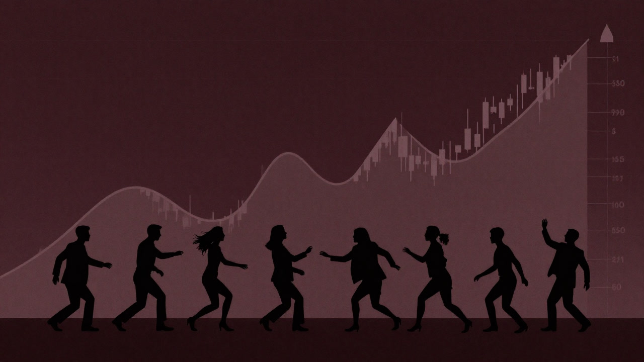 Silhouettes of people being tossed around by a fluctuating stock chart