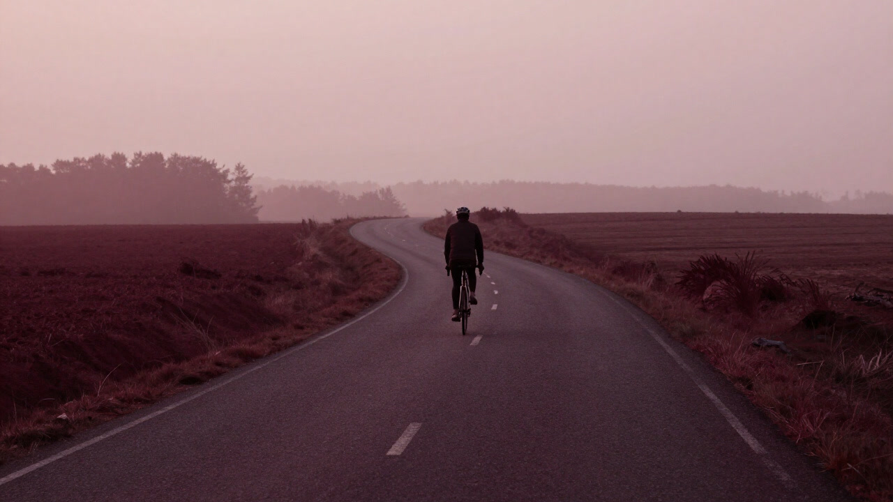 曲がりくねった田舎道を一人のサイクリストが挑む姿を横から捉えた写真