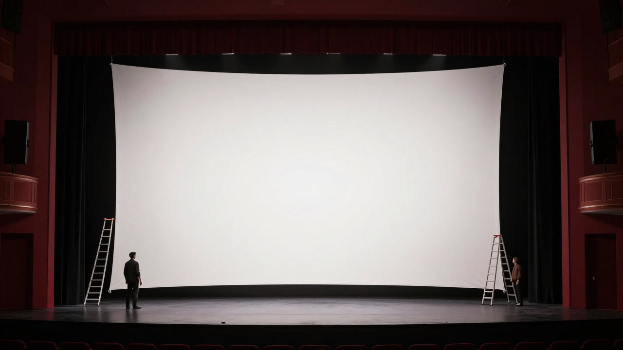 ホリゾントの白布が舞台奥に張られ、スタッフが苦労して照明を調整している様子