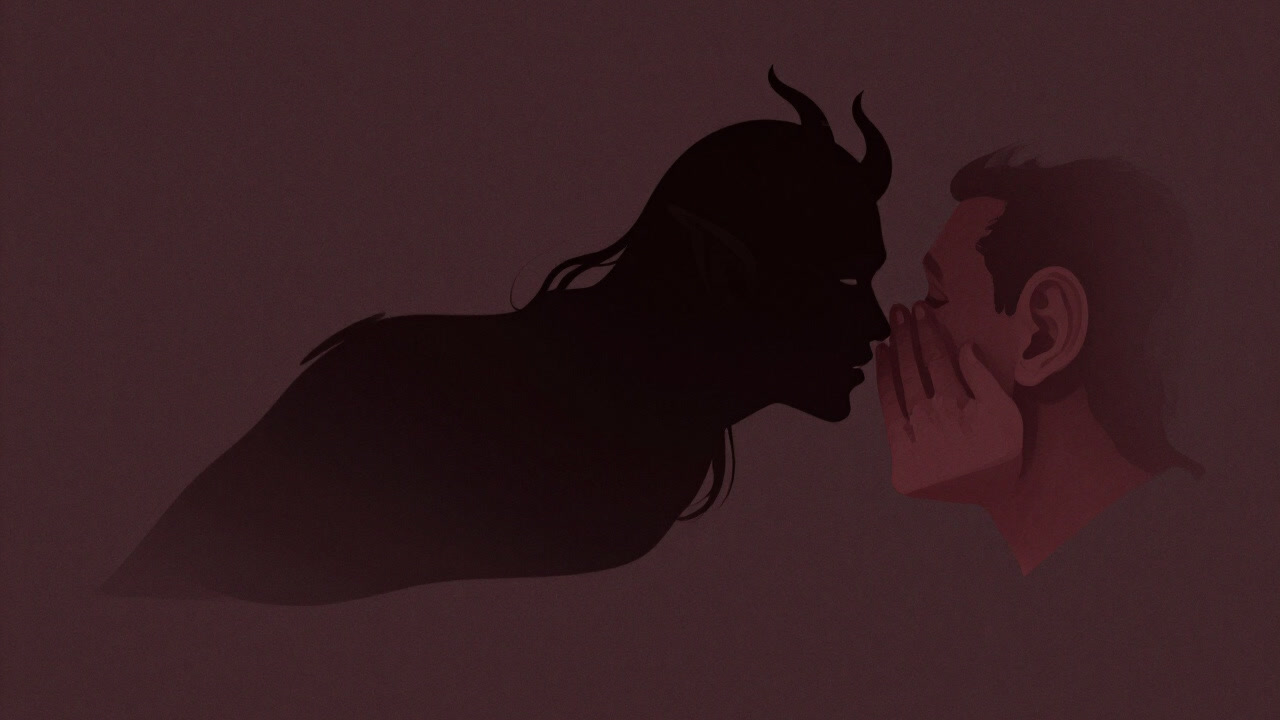 Silhouette of a daemon floating like a dark shadow, whispering into a person's ear.