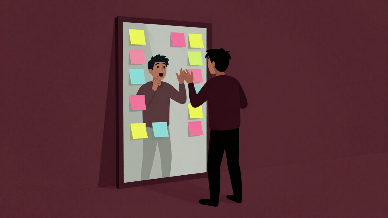 Illustration of a person happily praising themselves in front of a mirror covered in colorful sticky notes.