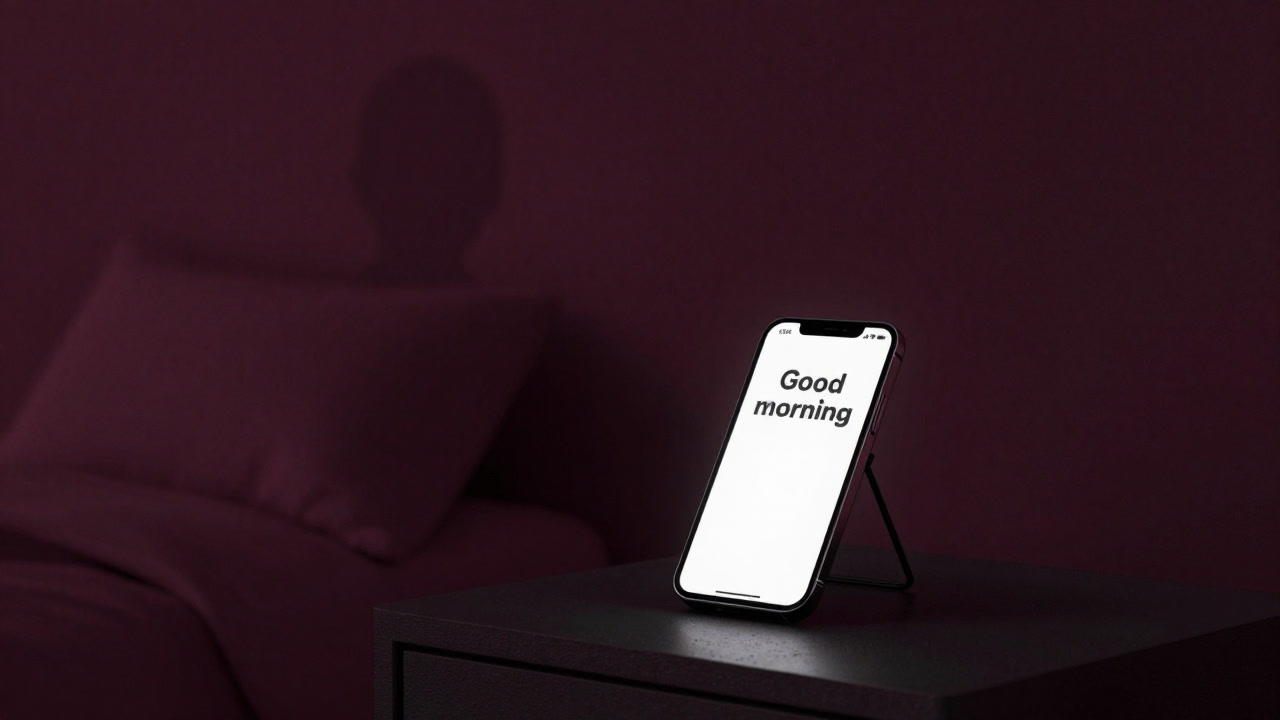 A silhouette in a dark room staring at a smartphone screen displaying a 'Good morning' notification icon by the bedside.
