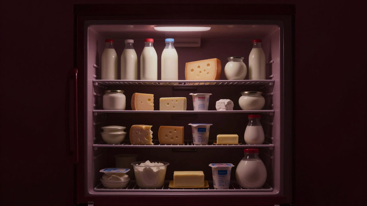 Shelves of dairy products secretly lined up in a refrigerator, white bottles and boxes silently tempting.