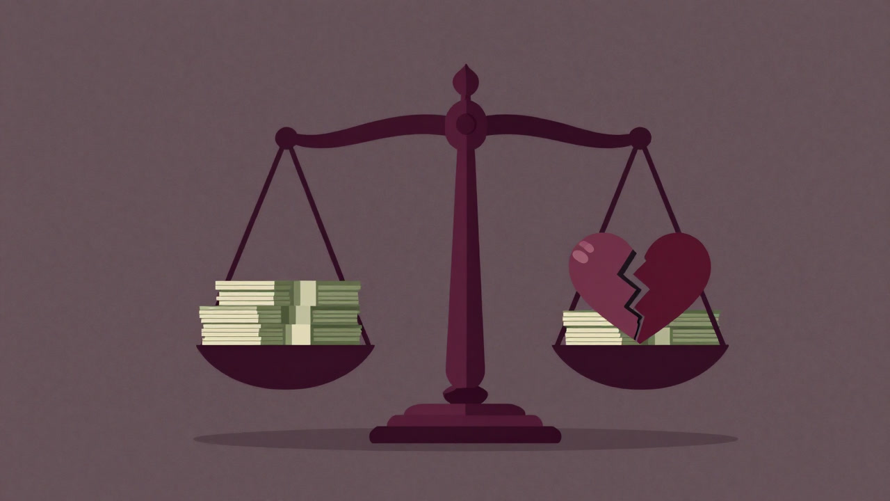 法廷の天秤皿に札束が乗せられ、不安そうに揺れる様子を写したイラスト