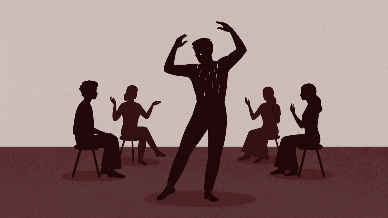 Silhouette of a person in a studio raising arms and dancing with tears in their eyes