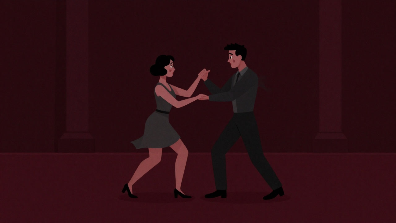 Illustration of two strangers in a dance hall awkwardly holding hands and blushing, avoiding eye contact