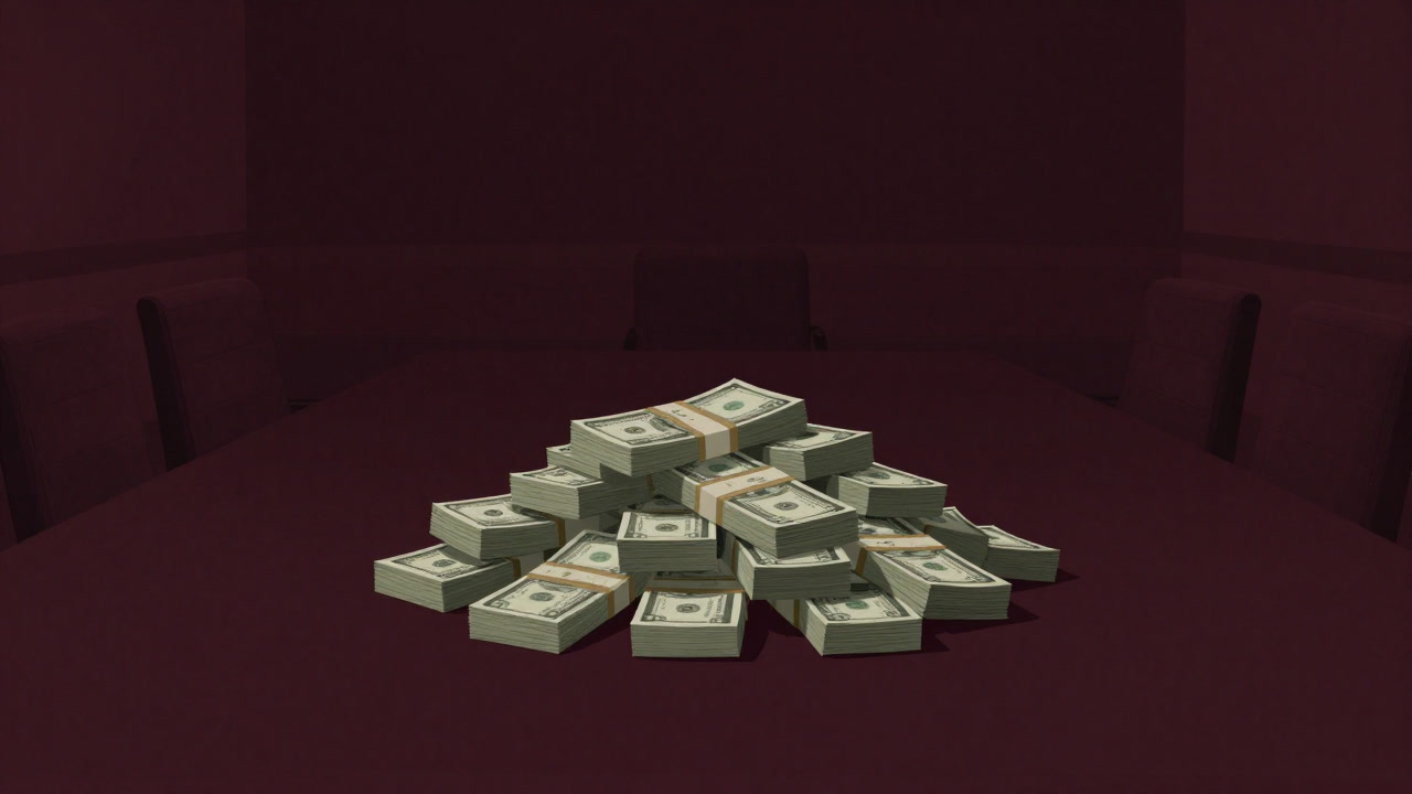 暗い会議室の片隅で、無数の札束が影のように積み上がっているイラスト