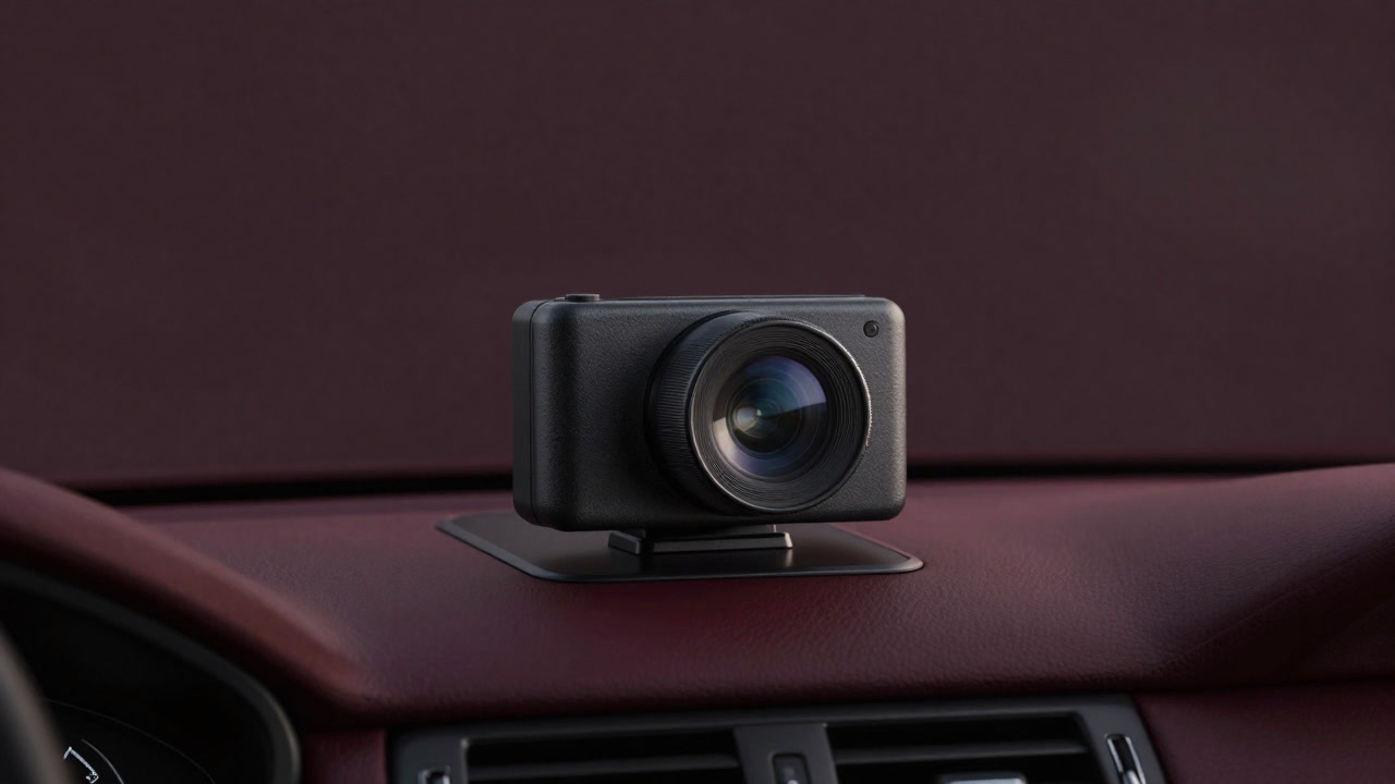 Close-up photo of a small dashboard-mounted camera silently monitoring the road ahead